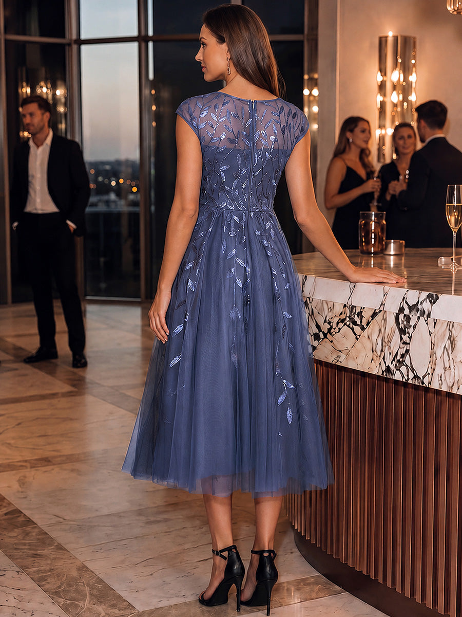 Robe midi évasée à manches courtes en patchwork transparent #Couleur_Marine Fume