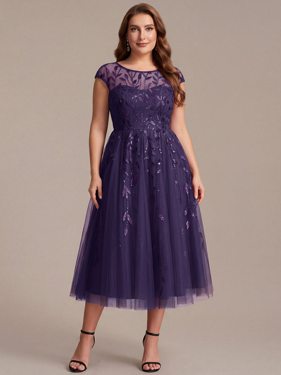 Robe midi évasée à manches courtes en patchwork transparent #Couleur_Violet Fonce