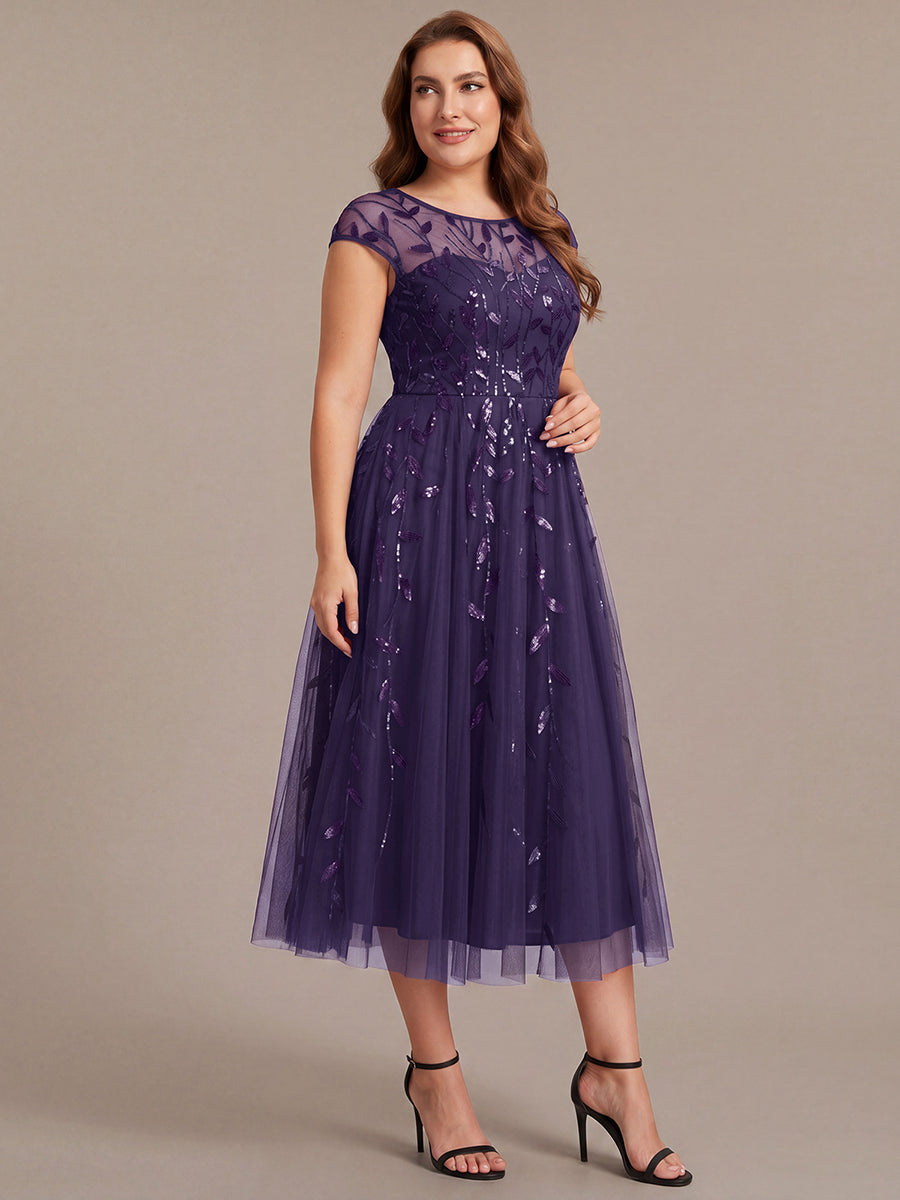 Robe midi évasée à manches courtes en patchwork transparent #Couleur_Violet Fonce