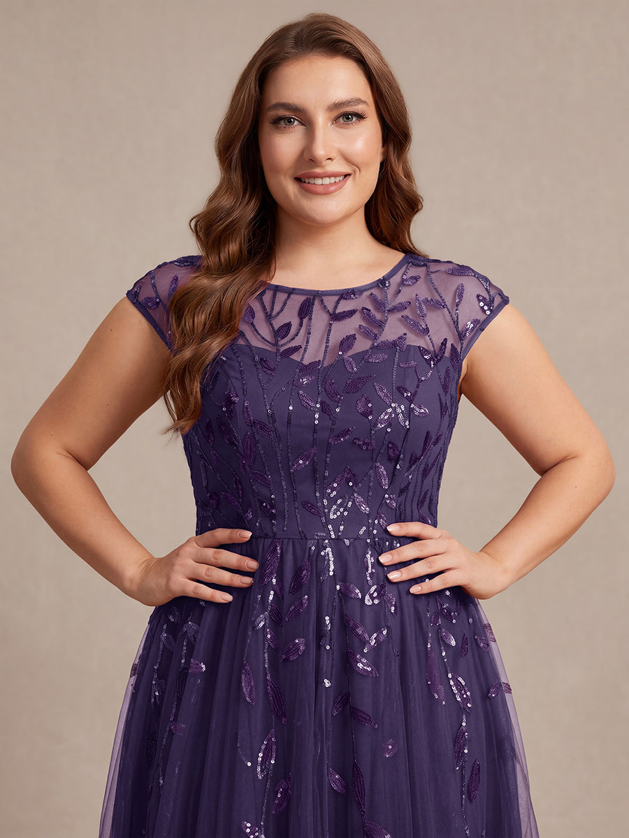 Robe midi évasée à manches courtes en patchwork transparent #Couleur_Violet Fonce