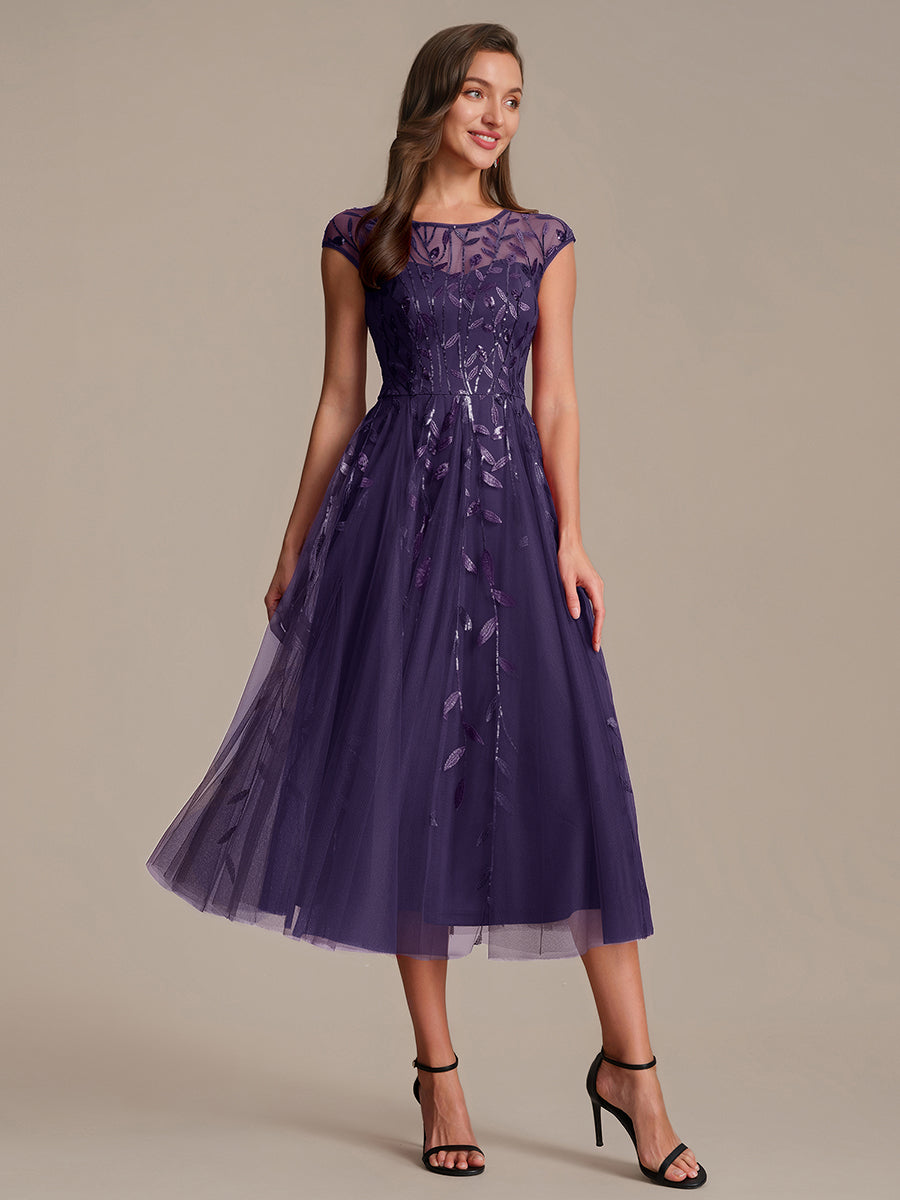 Robe midi évasée à manches courtes en patchwork transparent #Couleur_Violet Fonce