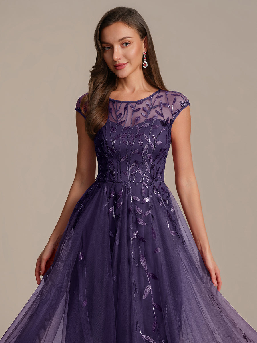 Robe midi évasée à manches courtes en patchwork transparent #Couleur_Violet Fonce