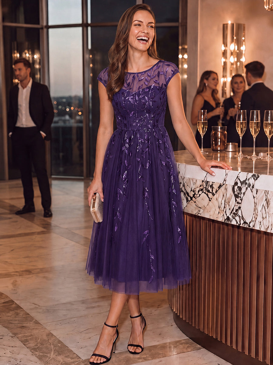 Robe midi évasée à manches courtes en patchwork transparent #Couleur_Violet Fonce