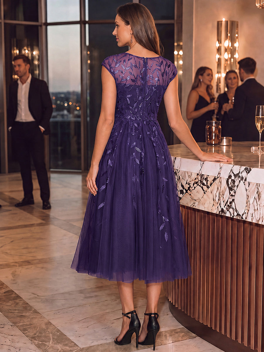 Robe midi évasée à manches courtes en patchwork transparent #Couleur_Violet Fonce