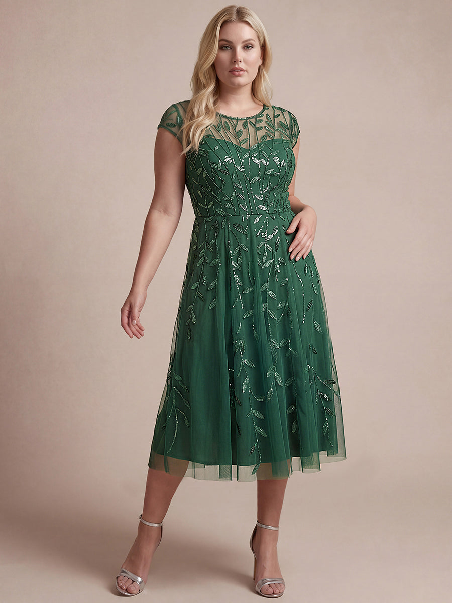 Robe midi évasée à manches courtes en patchwork transparent #Couleur_Eucalyptus