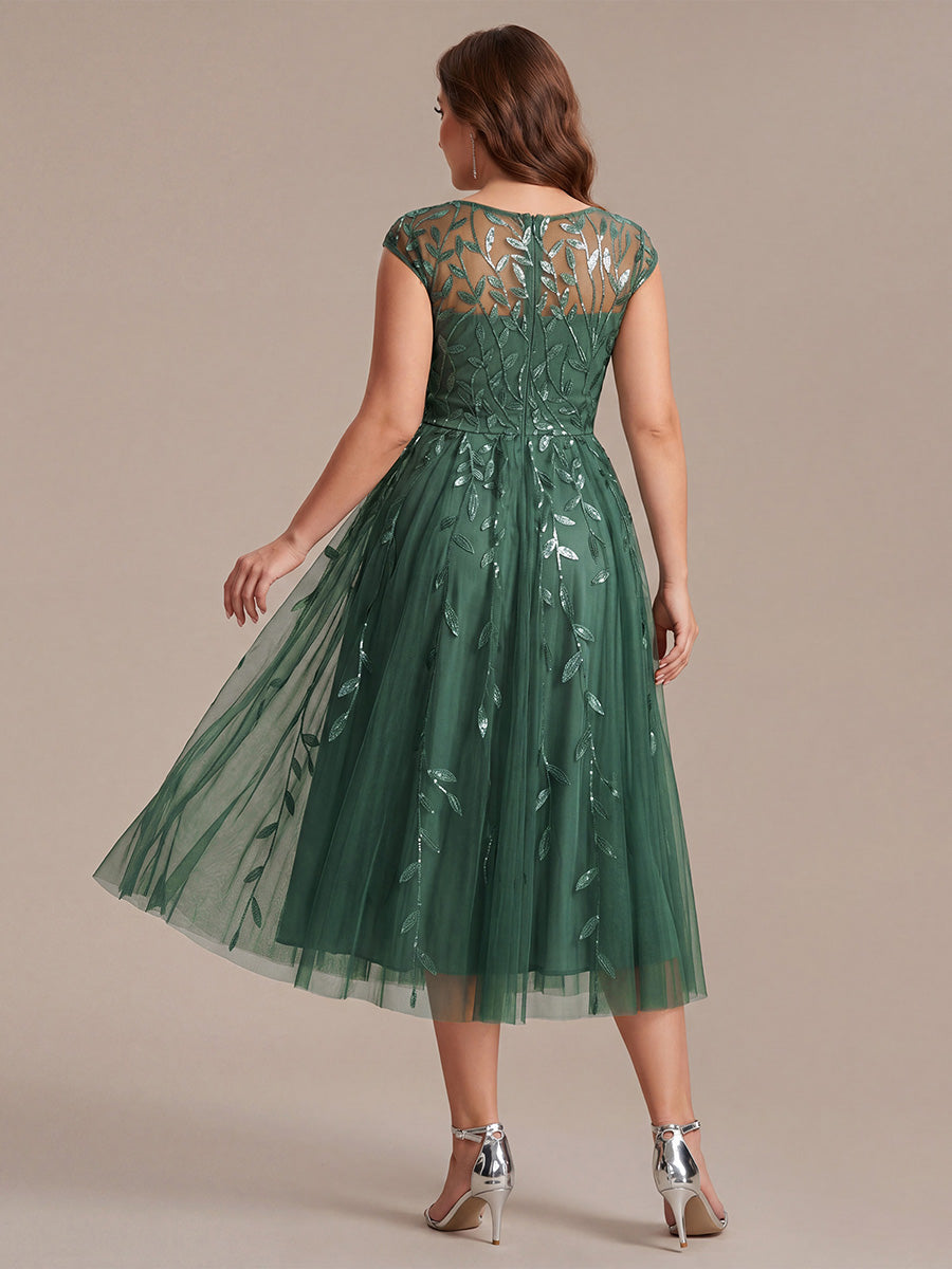 Robe midi évasée à manches courtes en patchwork transparent #Couleur_Eucalyptus