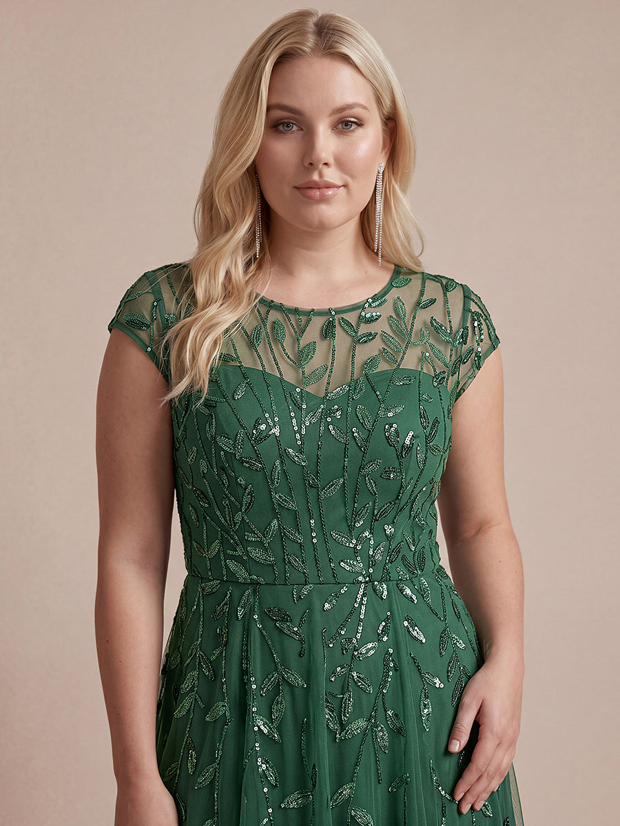Robe midi évasée à manches courtes en patchwork transparent #Couleur_Eucalyptus