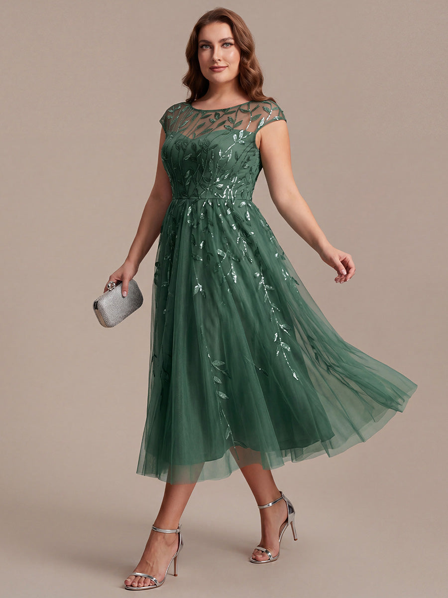 Robe midi évasée à manches courtes en patchwork transparent #Couleur_Eucalyptus
