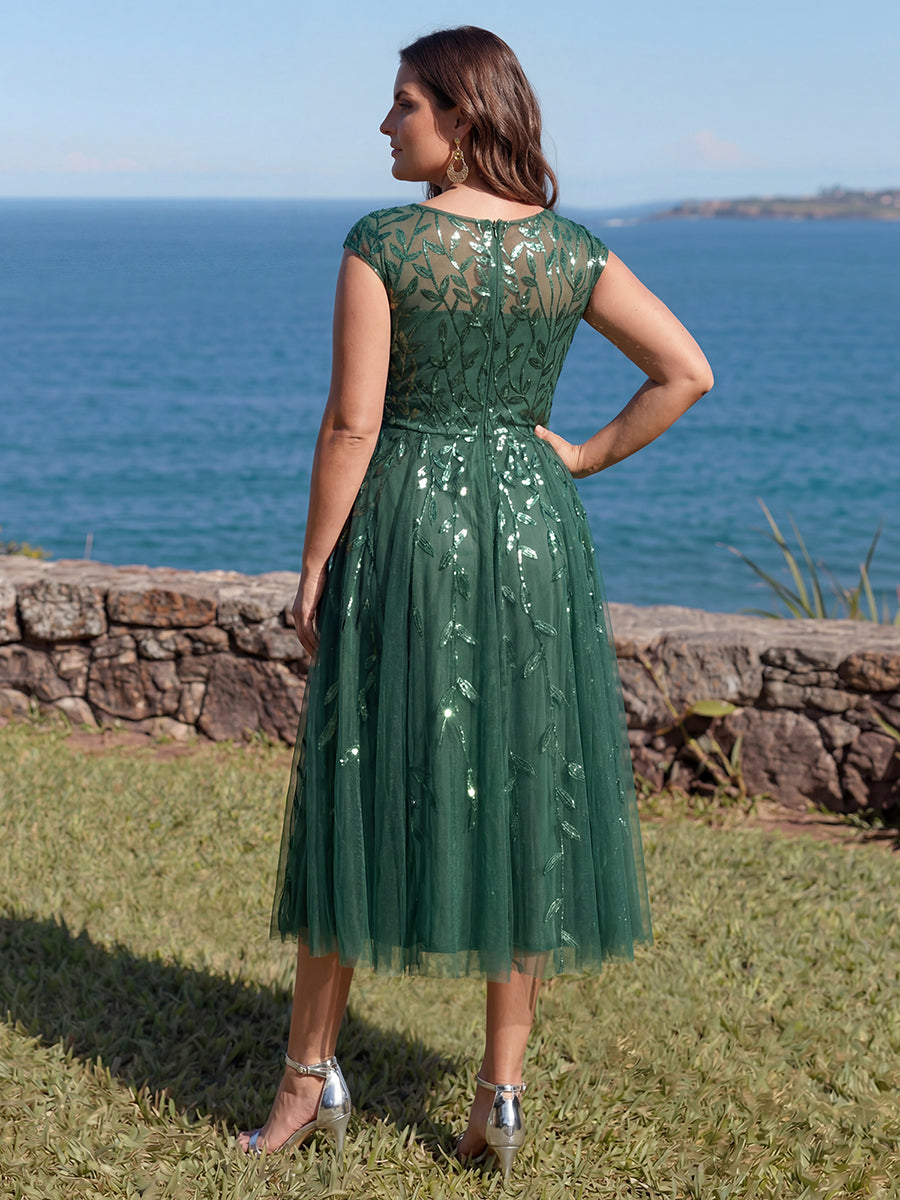 Robe midi évasée à manches courtes en patchwork transparent #Couleur_Eukalyptus Grün