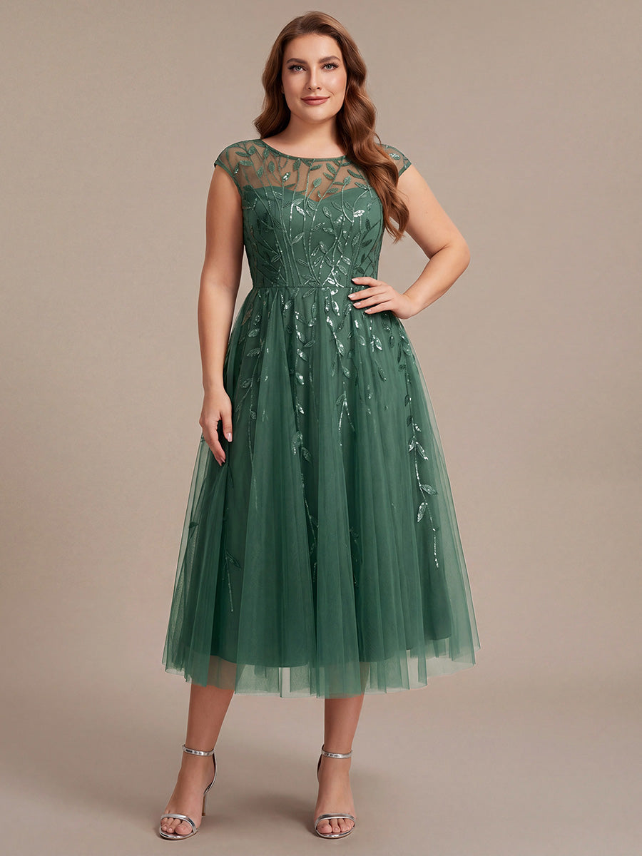 Robe midi évasée à manches courtes en patchwork transparent #Couleur_Eucalyptus