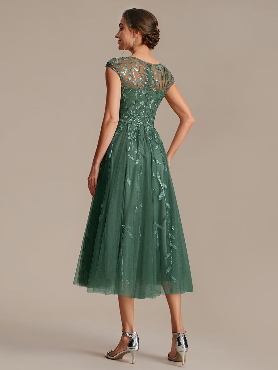 Robe midi évasée à manches courtes en patchwork transparent #Couleur_Eucalyptus