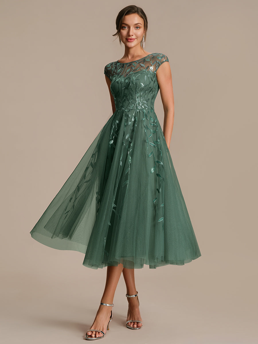 Robe midi évasée à manches courtes en patchwork transparent #Couleur_Eucalyptus