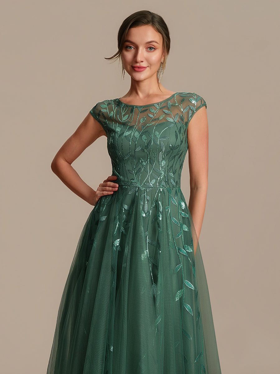 Robe midi évasée à manches courtes en patchwork transparent #Couleur_Eucalyptus