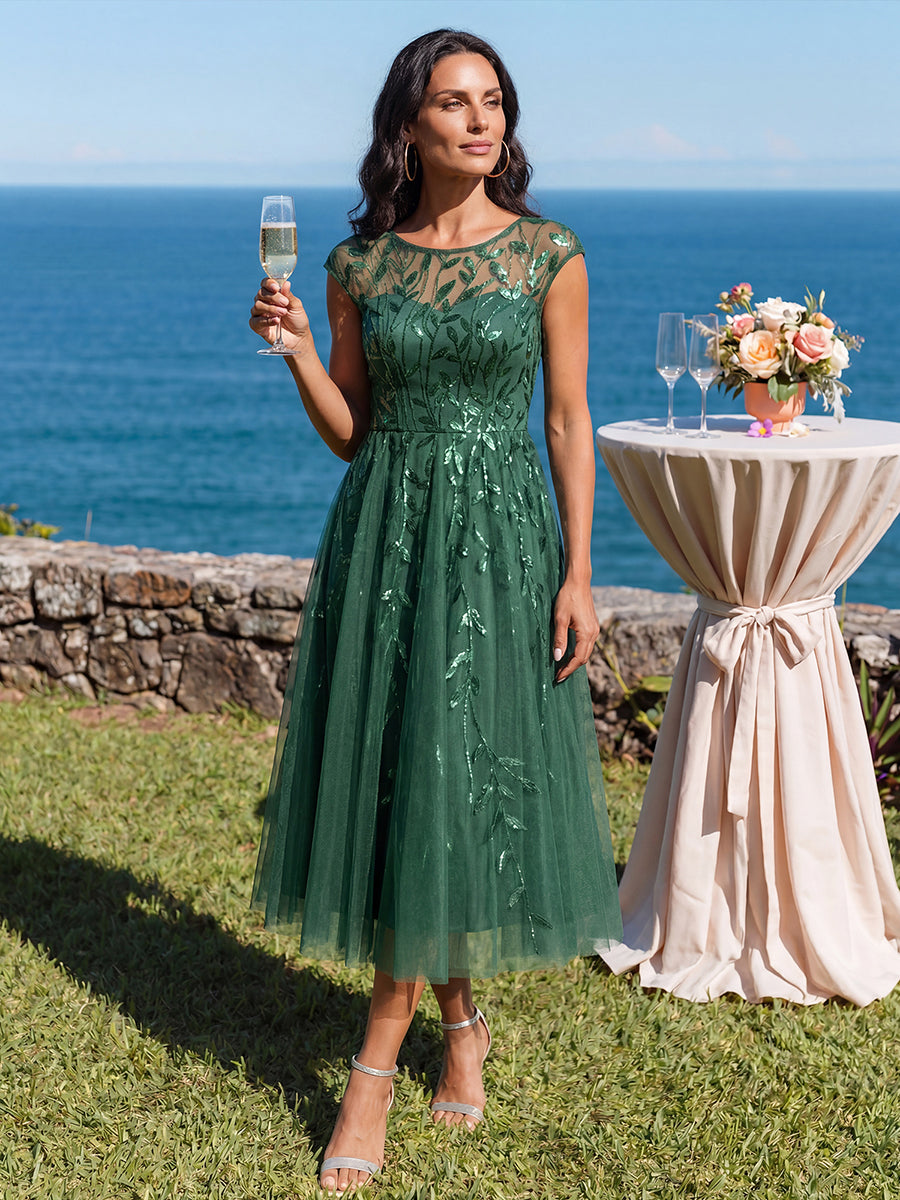 Robe midi évasée à manches courtes en patchwork transparent #Couleur_Eucalyptus