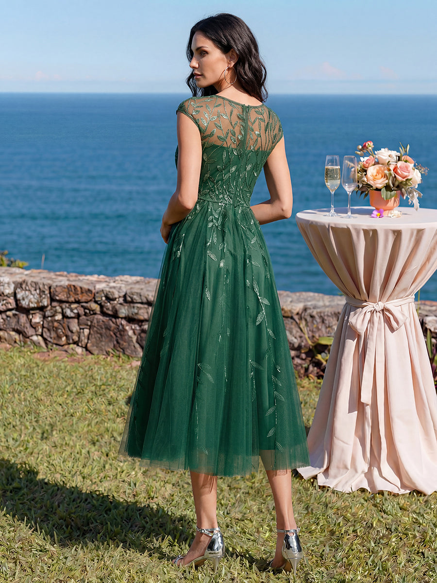 Robe midi évasée à manches courtes en patchwork transparent #Couleur_Eucalyptus