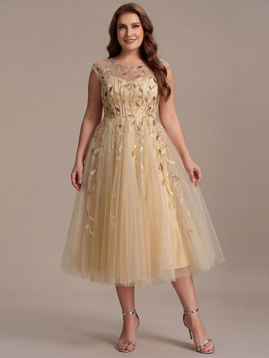 Robe midi évasée à manches courtes en patchwork transparent #Couleur_Dorée
