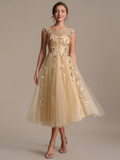 Robe Invitée Mariage Mi-Longue en Tulle Pailleté à Mancherons