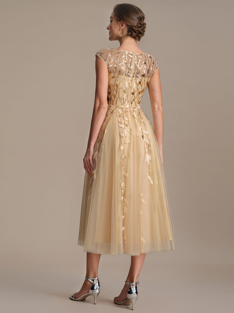 Robe midi évasée à manches courtes en patchwork transparent #Couleur_Dorée