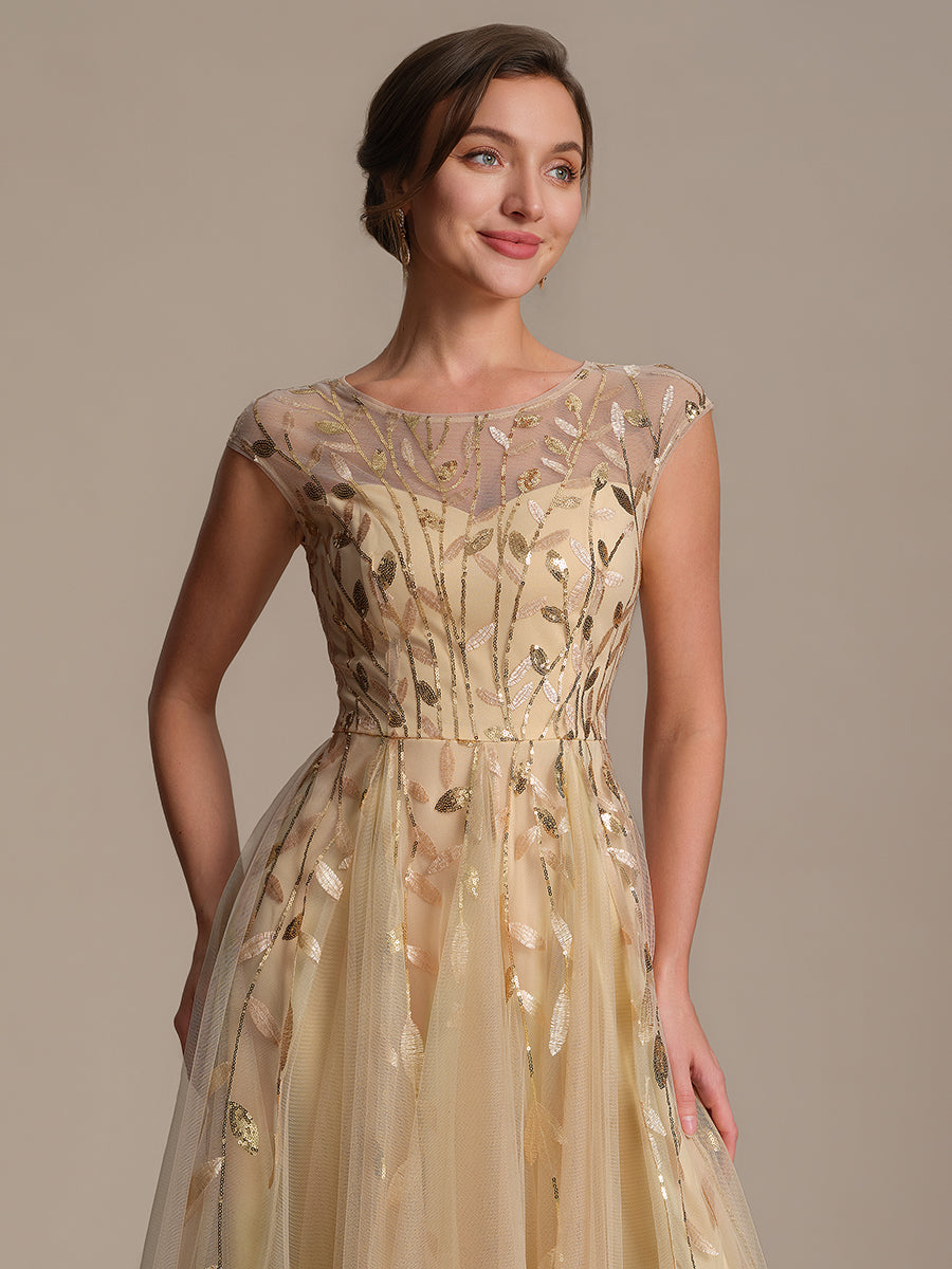 Robe midi évasée à manches courtes en patchwork transparent #Couleur_Dorée