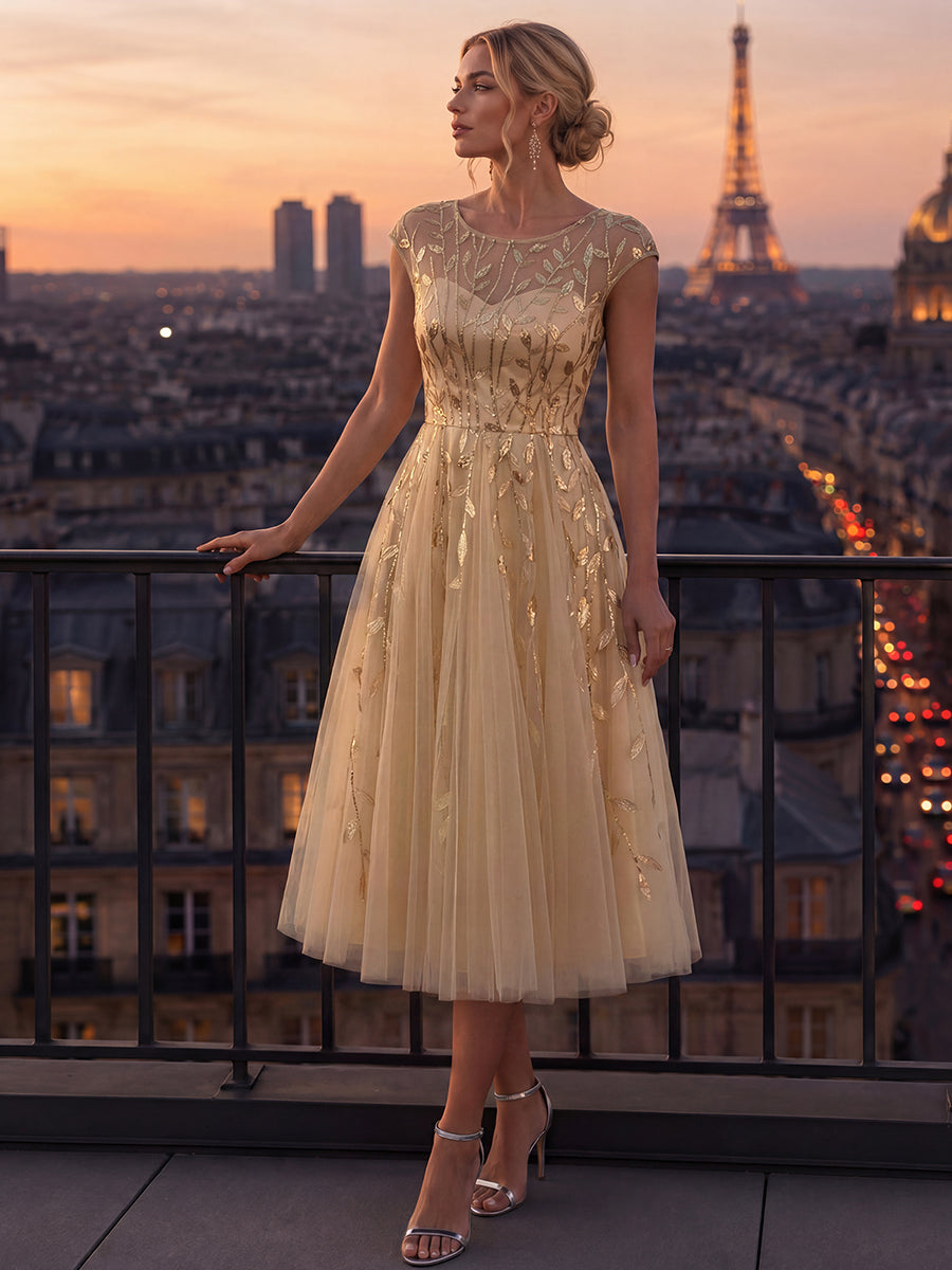Robe midi évasée à manches courtes en patchwork transparent #Couleur_Dorée