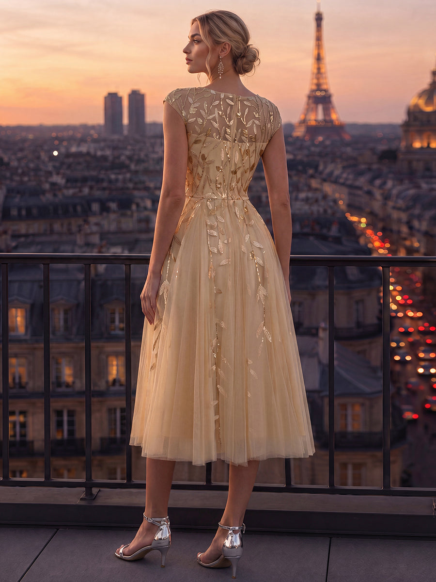 Robe midi évasée à manches courtes en patchwork transparent #Couleur_Dorée