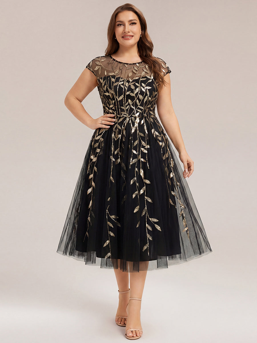 Robe midi évasée à manches courtes en patchwork transparent #Couleur_Noir & Or