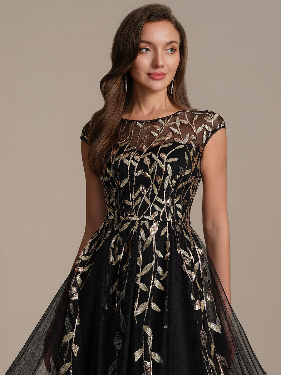 Robe midi évasée à manches courtes en patchwork transparent #Couleur_Noir & Or
