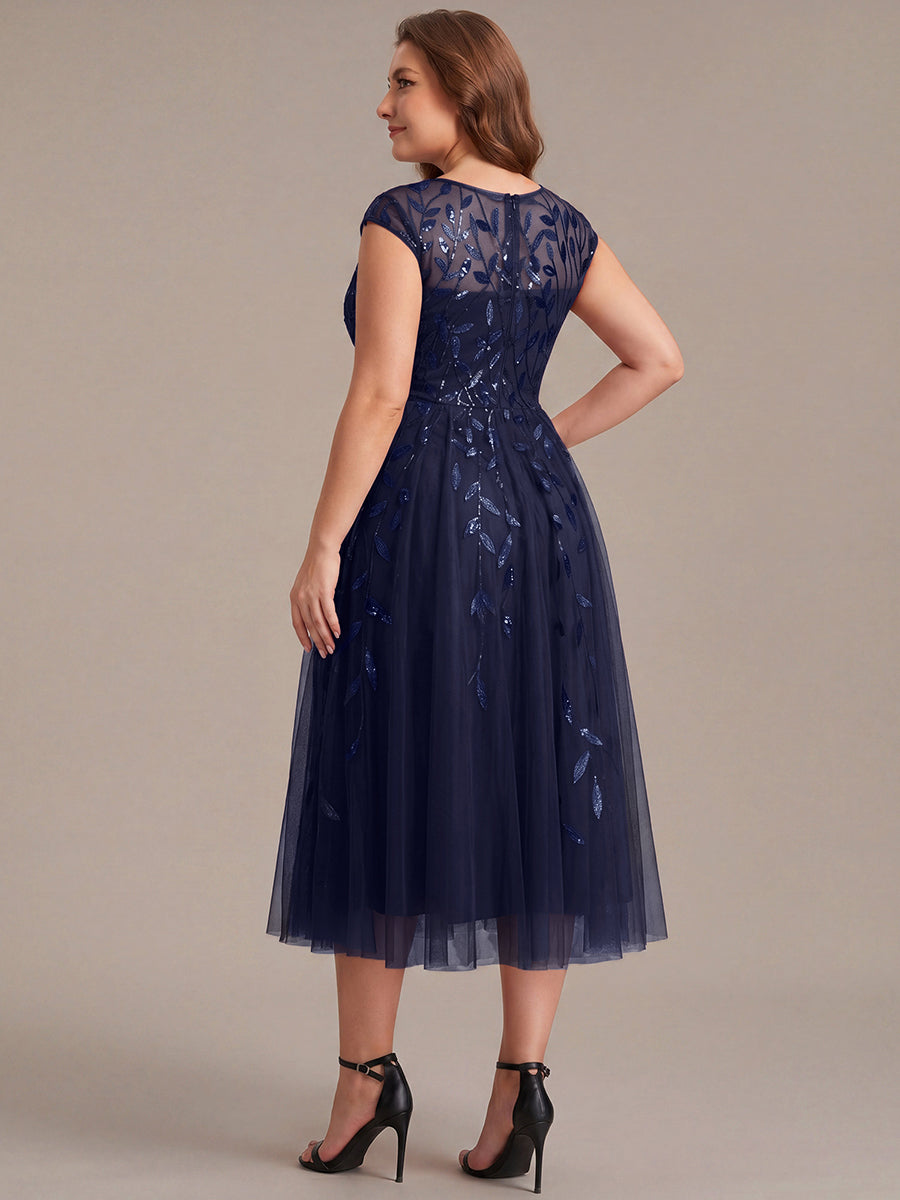 Robe midi évasée à manches courtes en patchwork transparent #Couleur_Bleu Marine