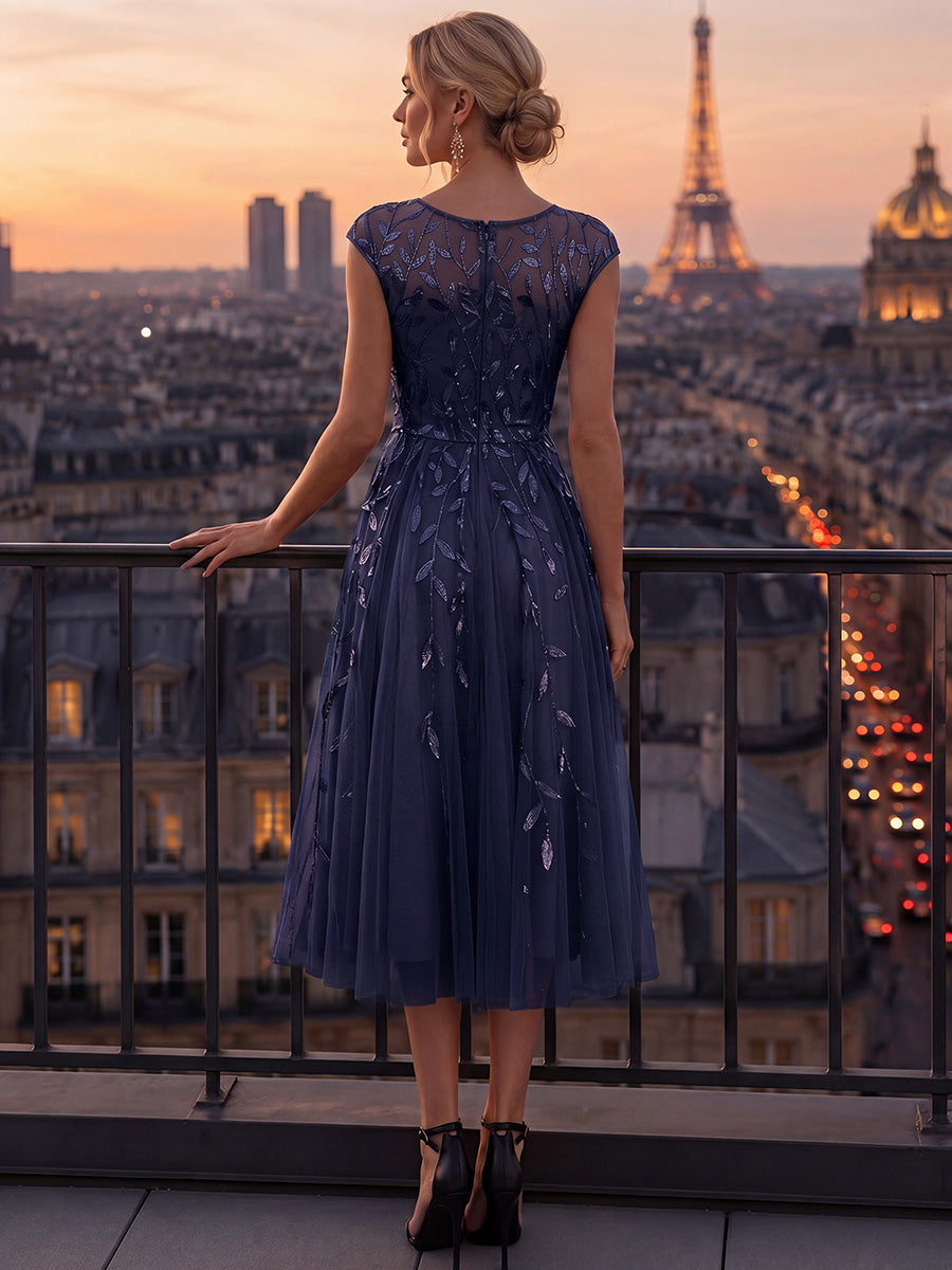 Robe midi évasée à manches courtes en patchwork transparent #Couleur_Bleu Marine