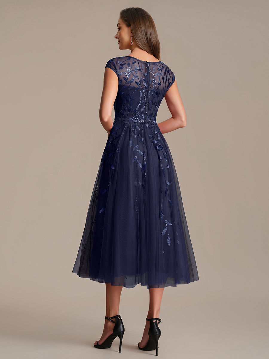 Robe midi évasée à manches courtes en patchwork transparent #Couleur_Bleu Marine