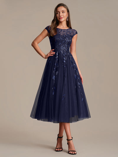 Robe Invitée Mariage Mi-Longue en Tulle Pailleté à Mancherons
