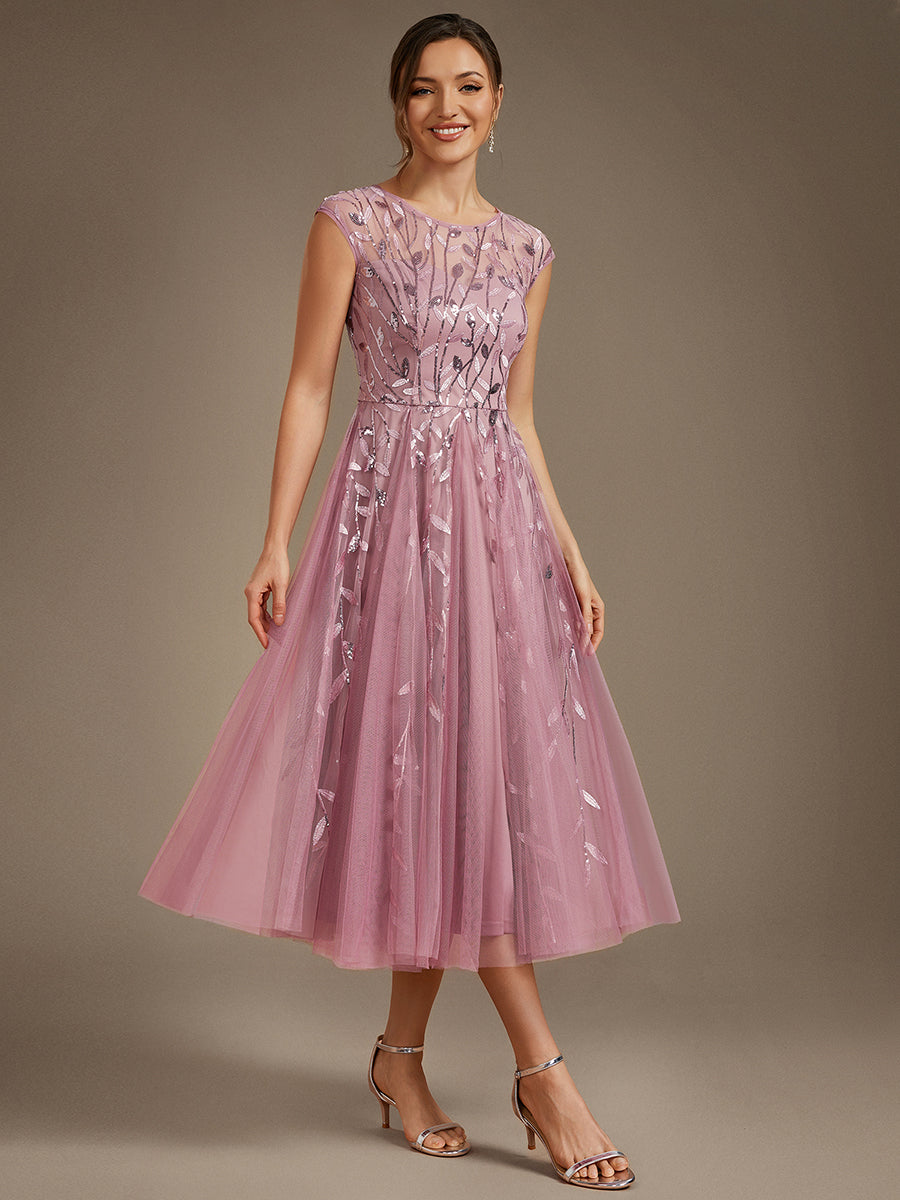 Robe midi évasée à manches courtes en patchwork transparent #Couleur_Orchidee