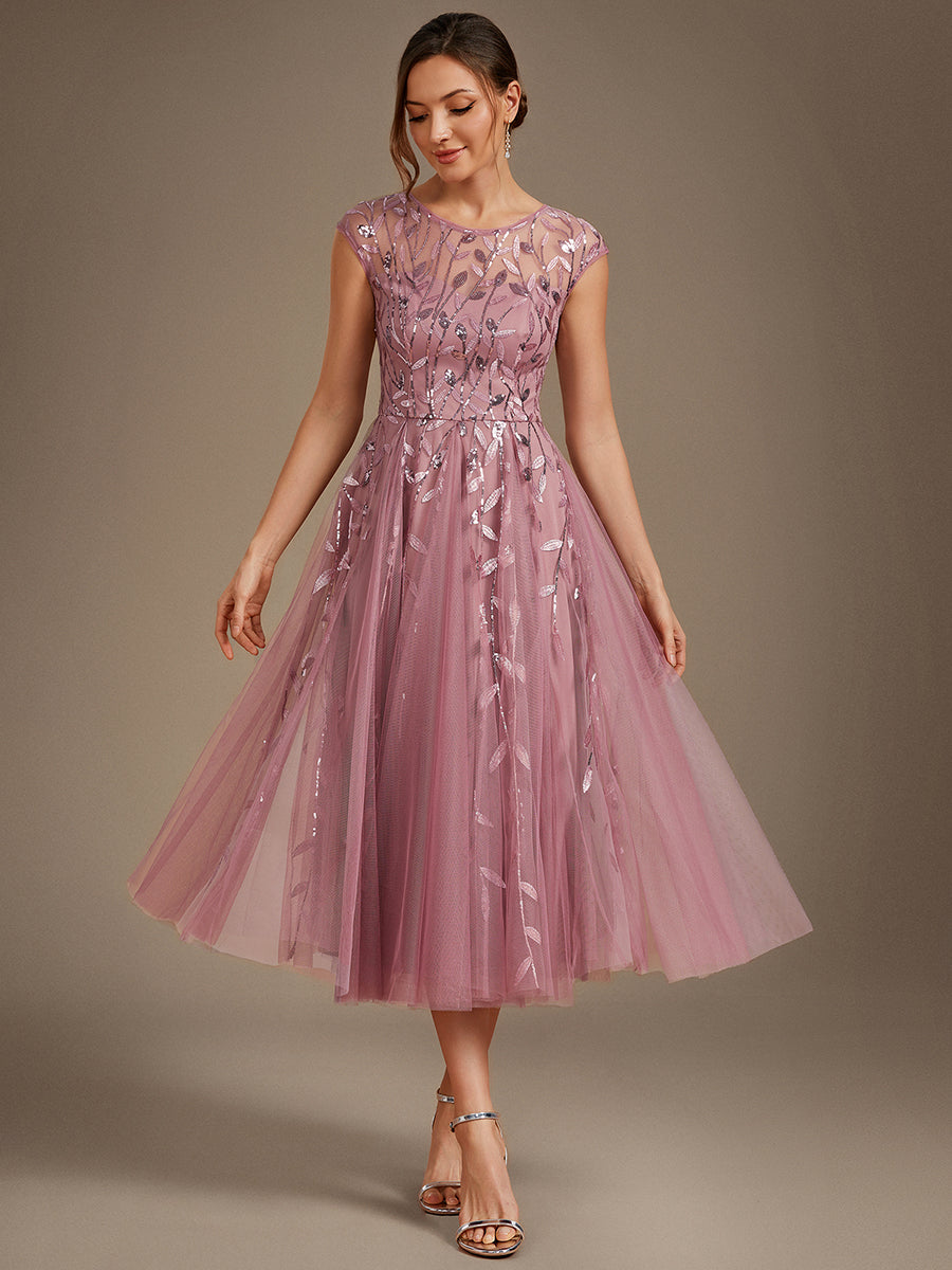 Robe midi évasée à manches courtes en patchwork transparent #Couleur_Orchidee