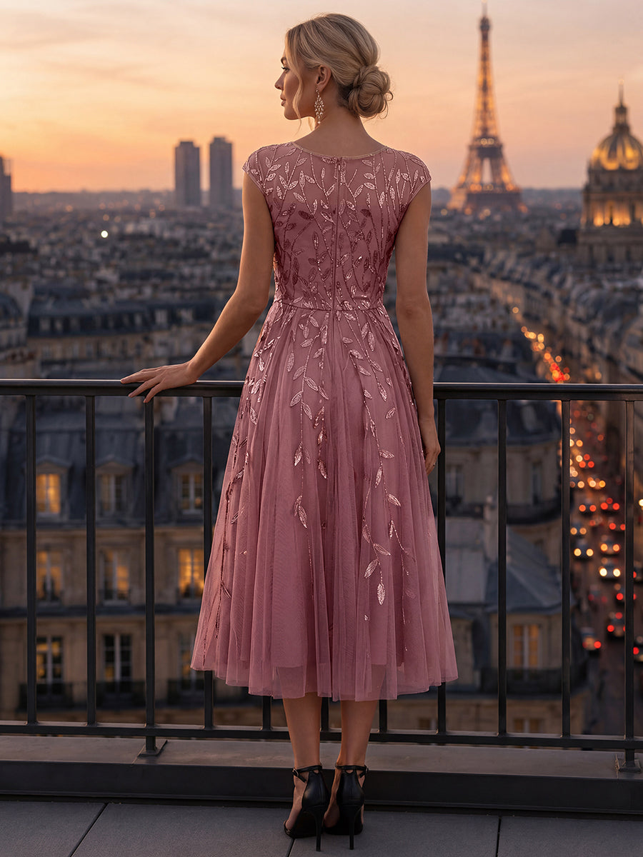 Robe midi évasée à manches courtes en patchwork transparent #Couleur_Orchidee