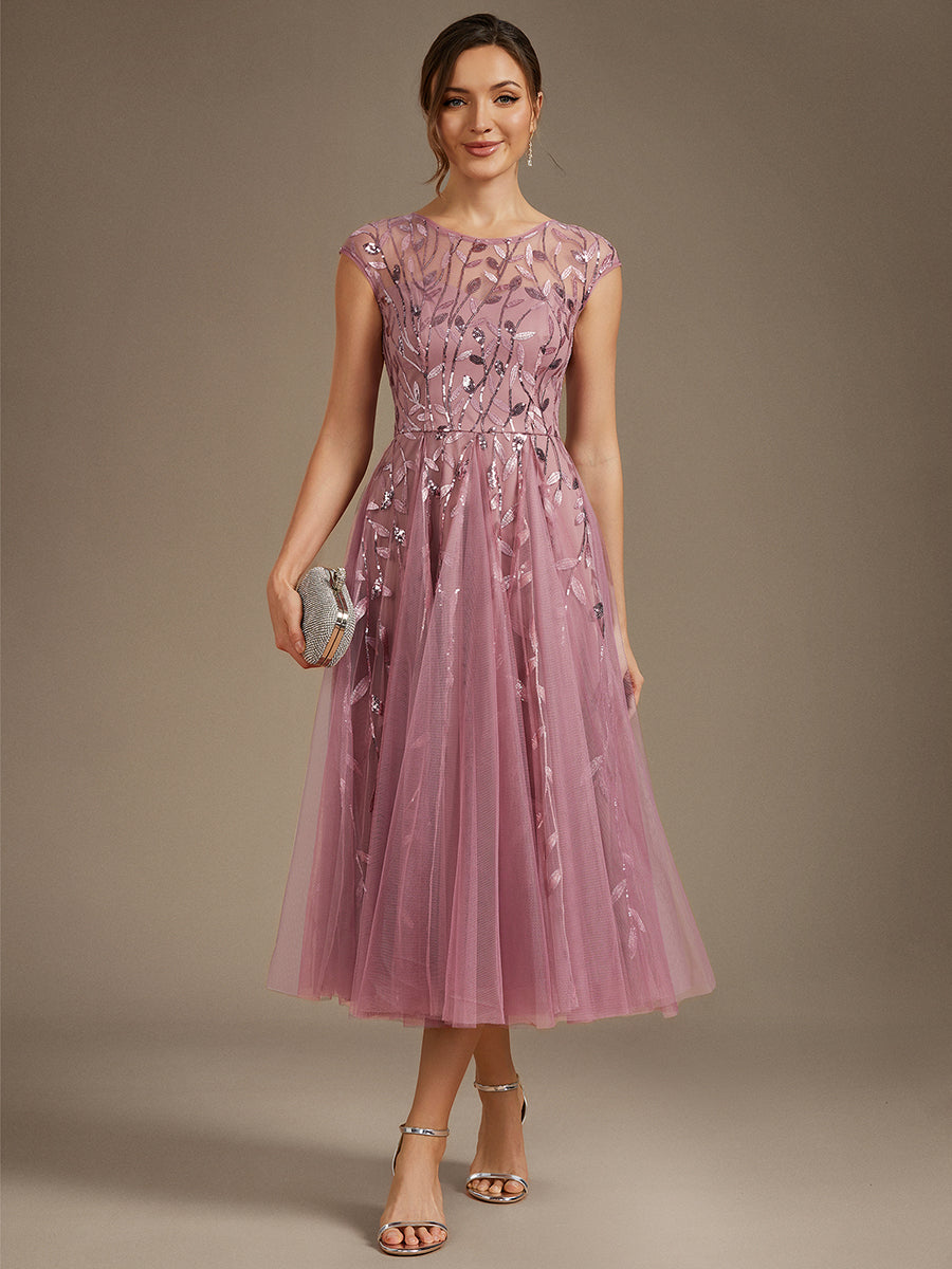 Robe midi évasée à manches courtes en patchwork transparent #Couleur_Orchidee