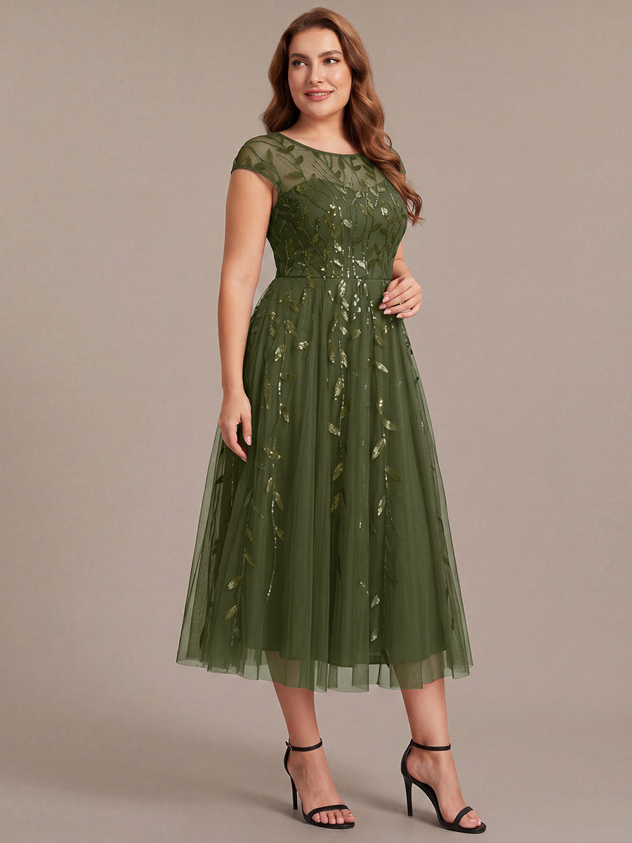 Robe midi évasée à manches courtes en patchwork transparent #Couleur_Vert Olive