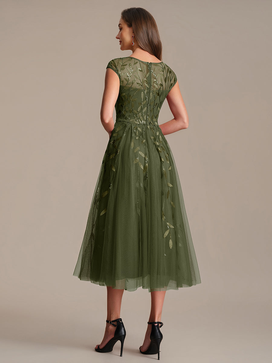 Robe midi évasée à manches courtes en patchwork transparent #Couleur_Vert Olive
