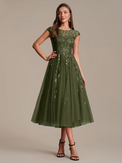 Robe Invitée Mariage Mi-Longue en Tulle Pailleté à Mancherons