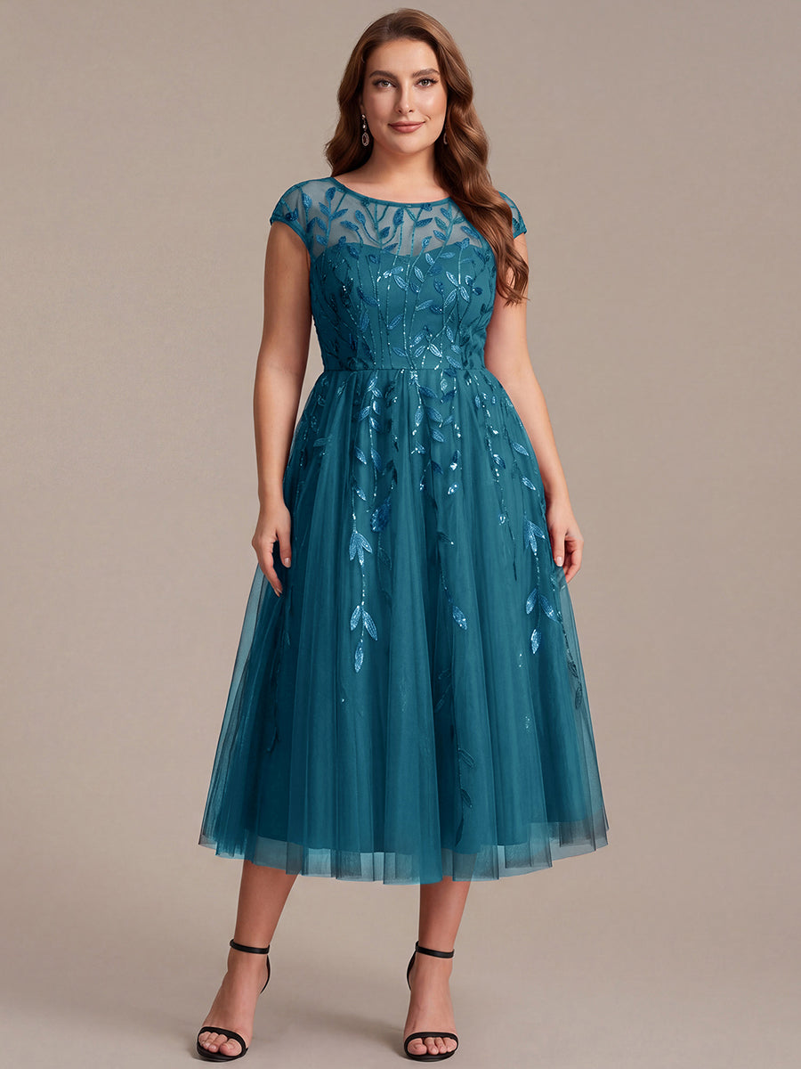 Robe midi évasée à manches courtes en patchwork transparent #Couleur_Bleu Sarcelle