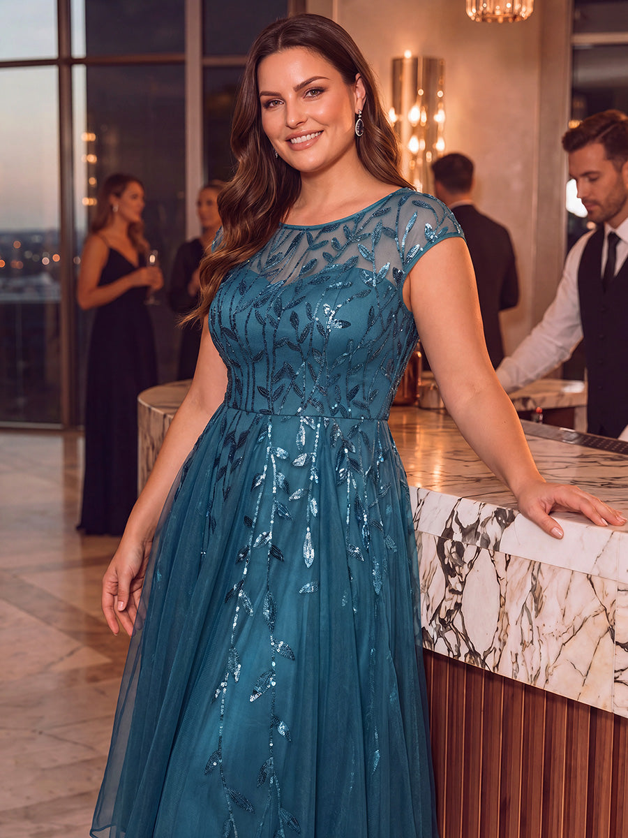 Robe midi évasée à manches courtes en patchwork transparent #Couleur_Bleu Sarcelle
