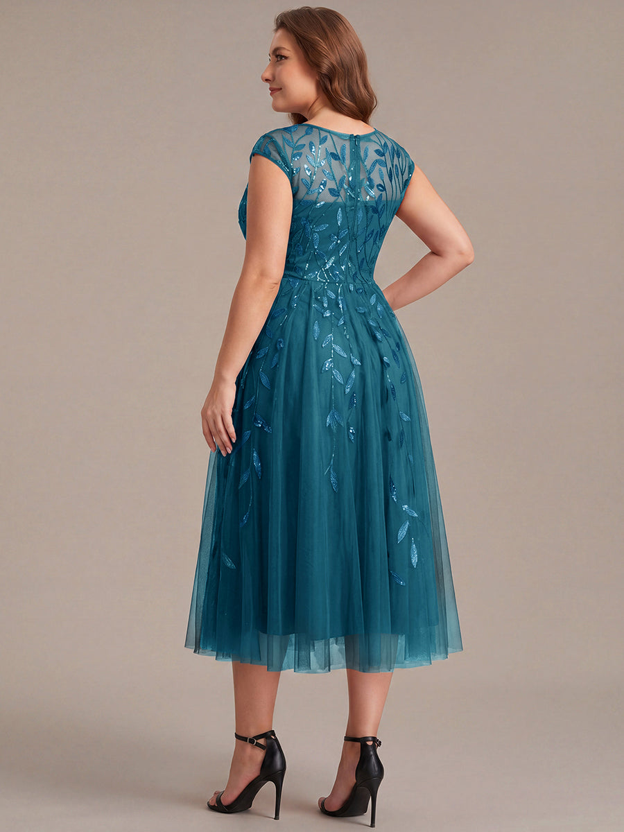 Robe midi évasée à manches courtes en patchwork transparent #Couleur_Bleu Sarcelle