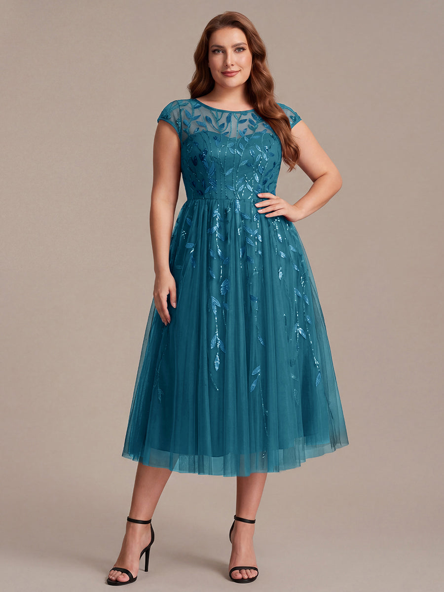 Robe midi évasée à manches courtes en patchwork transparent #Couleur_Bleu Sarcelle