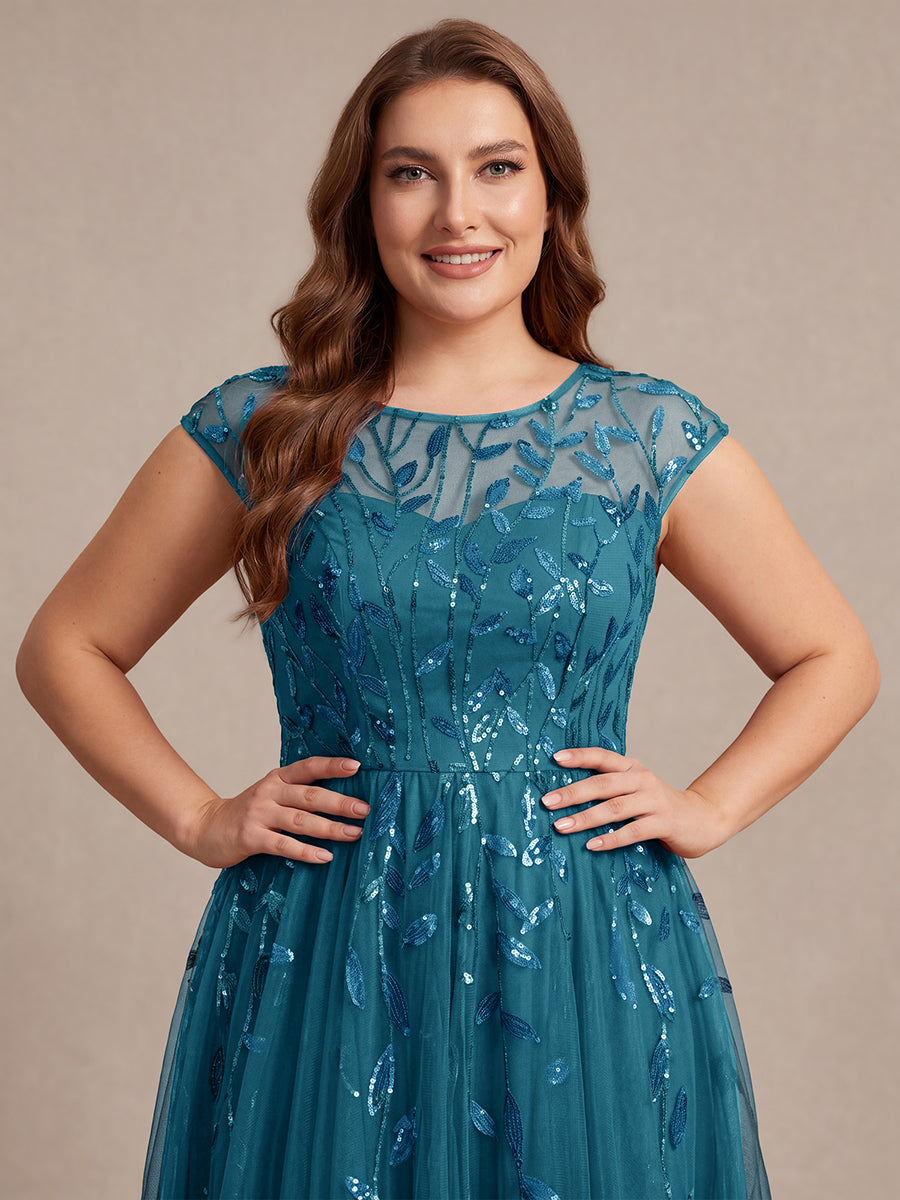Robe midi évasée à manches courtes en patchwork transparent #Couleur_Bleu Sarcelle