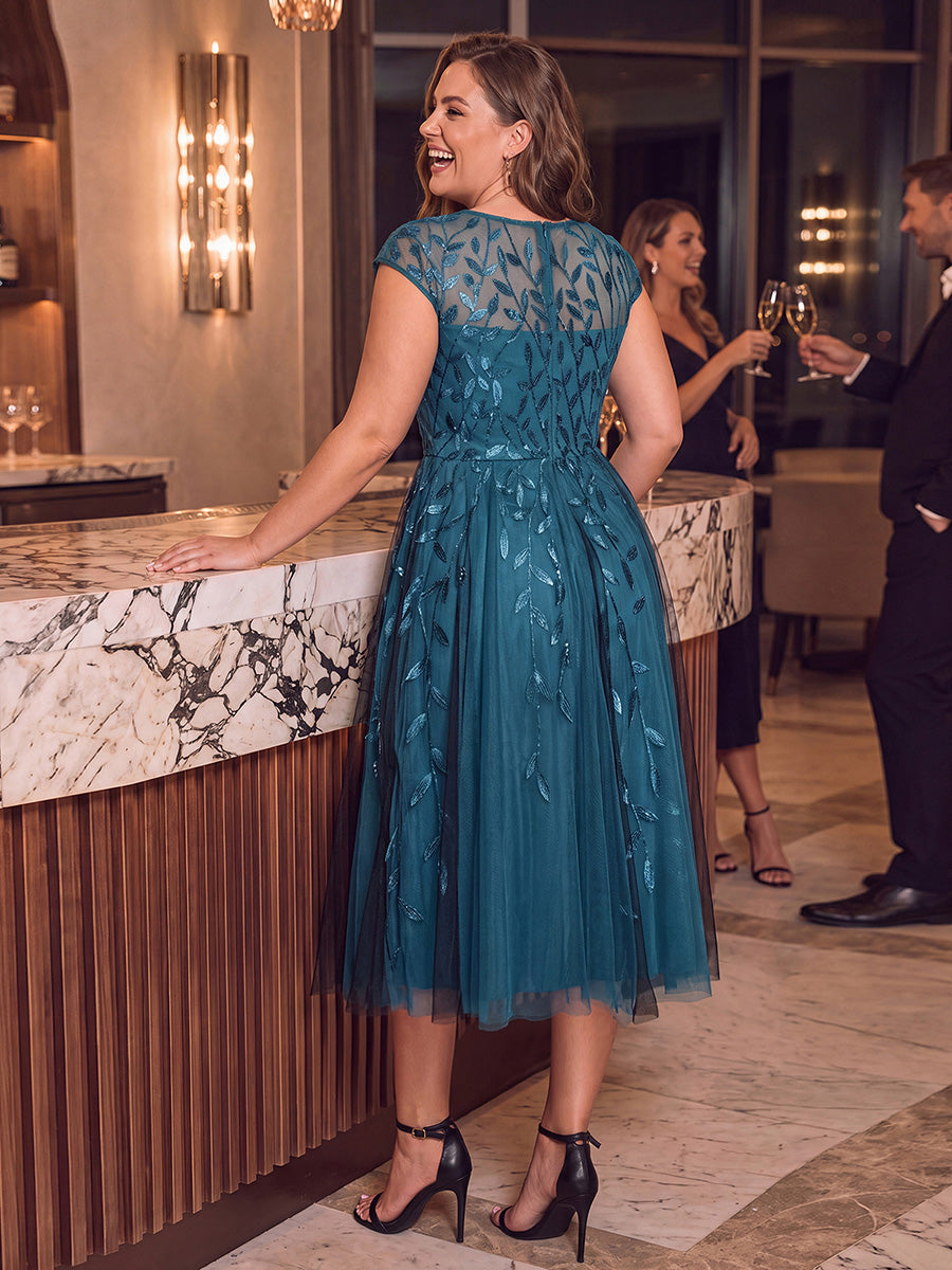 Robe midi évasée à manches courtes en patchwork transparent #Couleur_Bleu Sarcelle