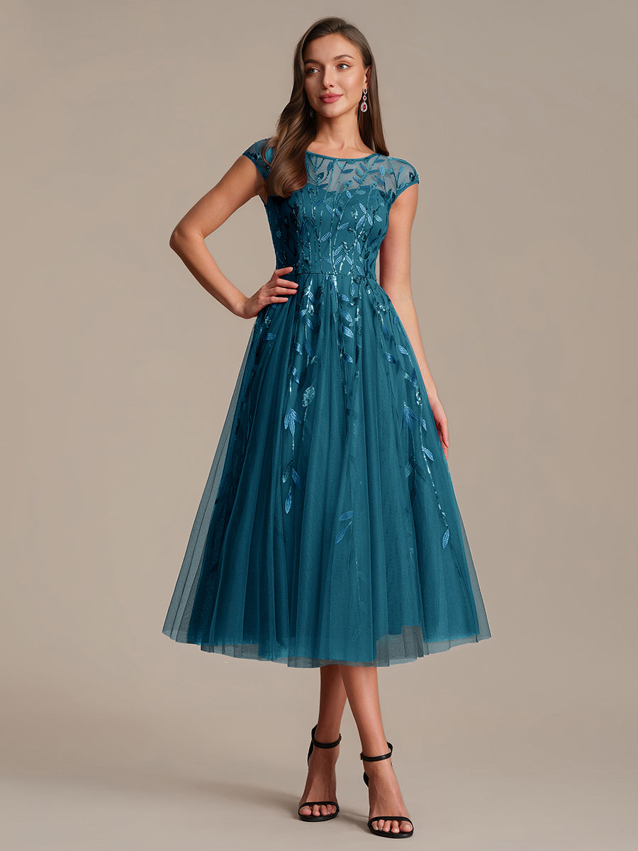 Robe midi évasée à manches courtes en patchwork transparent #Couleur_Bleu Sarcelle