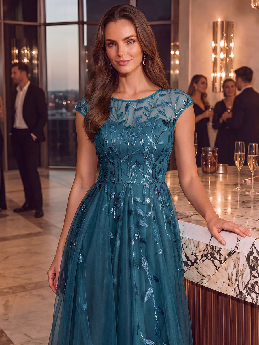 Robe midi évasée à manches courtes en patchwork transparent #Couleur_Bleu Sarcelle