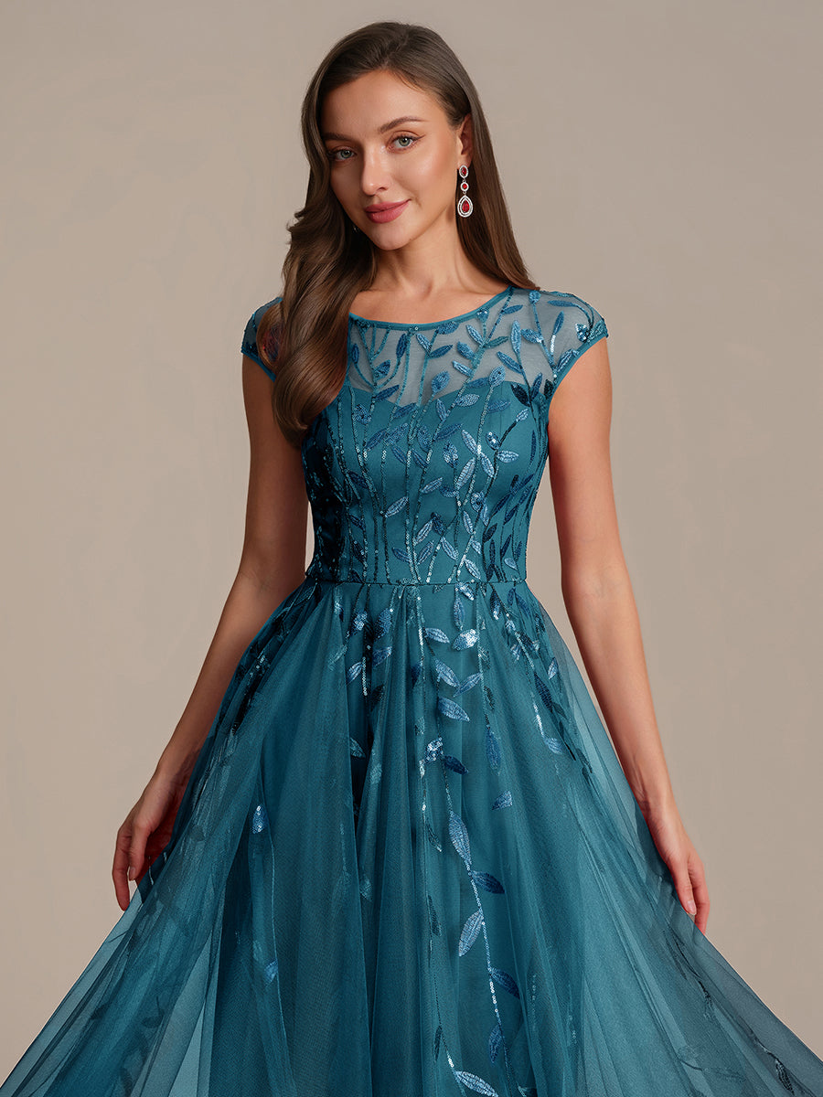 Robe midi évasée à manches courtes en patchwork transparent #Couleur_Bleu Sarcelle