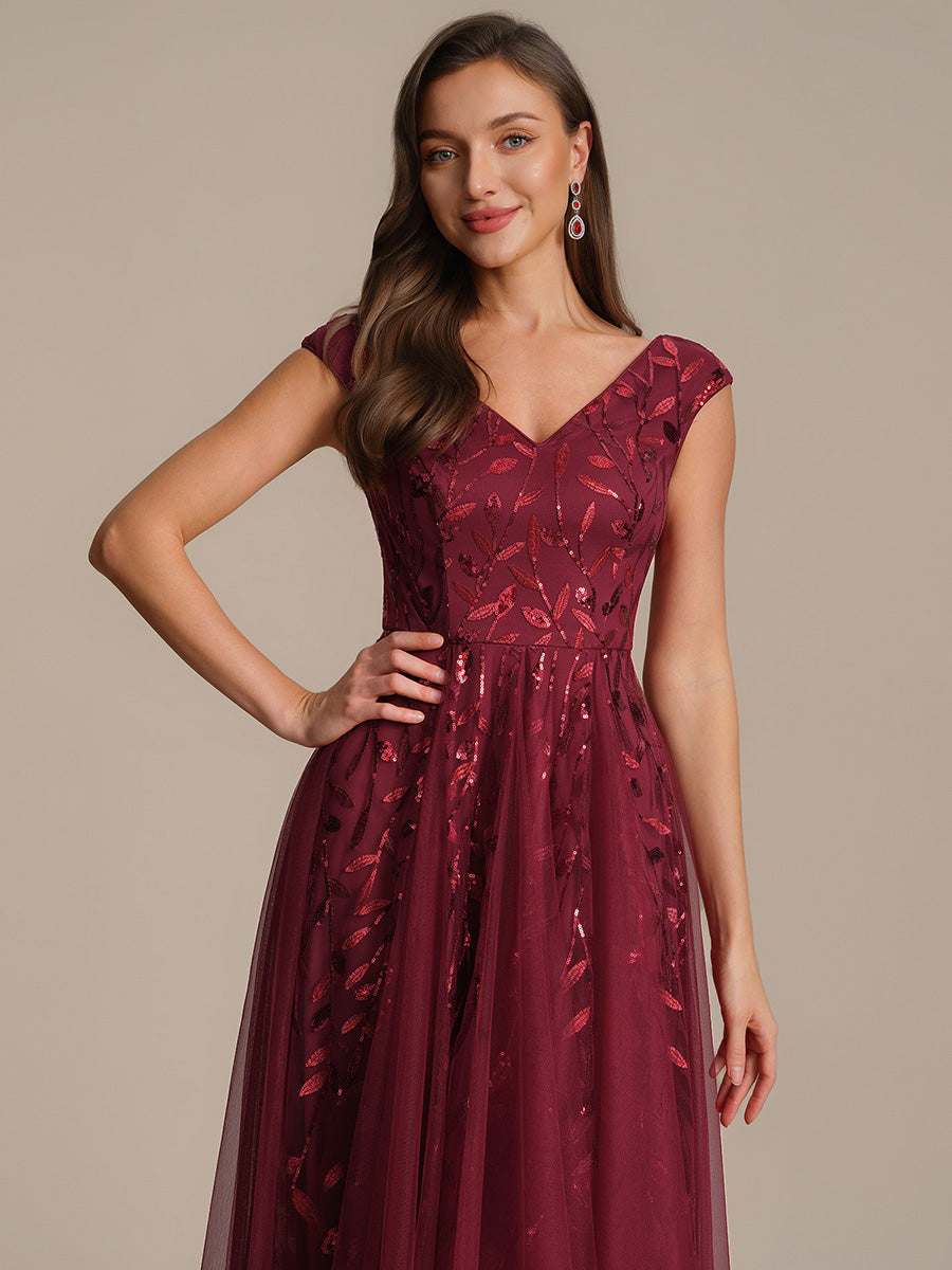 Robe midi sans manches col en V à sequins et coupe évasée #Couleur_Bordeaux