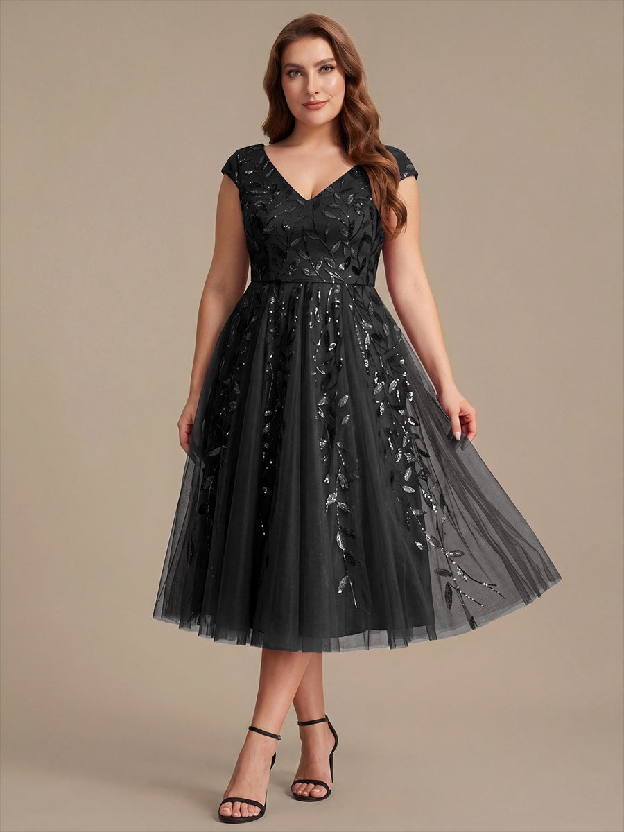 Robe midi sans manches col en V à sequins et coupe évasée #Couleur_Noir