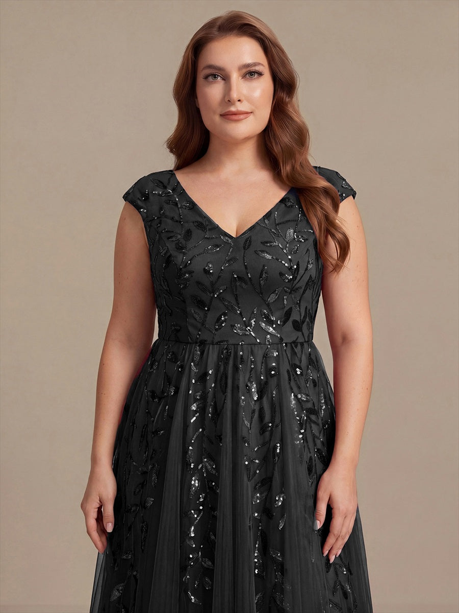 Robe midi sans manches col en V à sequins et coupe évasée #Couleur_Noir